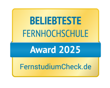 Beliebteste Fernhochschule Award 2025, verliehen von FernstudiumCheck.de. Das Design ist in Gelb und Blau gehalten.